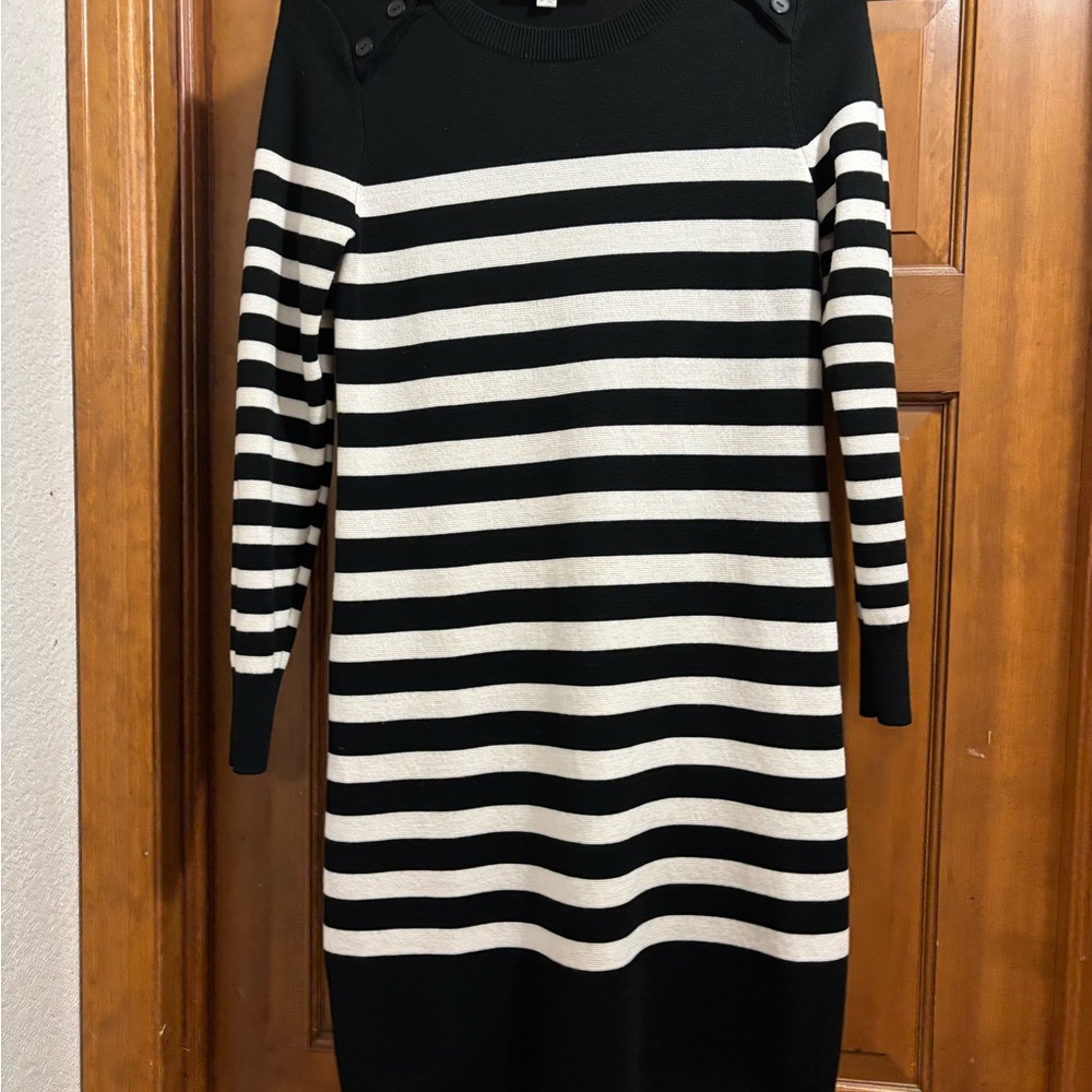 LOFT Black and Cream Striped Long Sleeve Dress